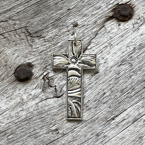 Argentium Silver Cross Pendant with Tooled Leather Texture copyright chisholm trail designs 2025