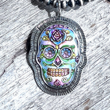 La Catrina Sugar Skull Hand Painted Skeletal Skull Set in Sterling Silver Pendant copyright chisholm trail designs 2025