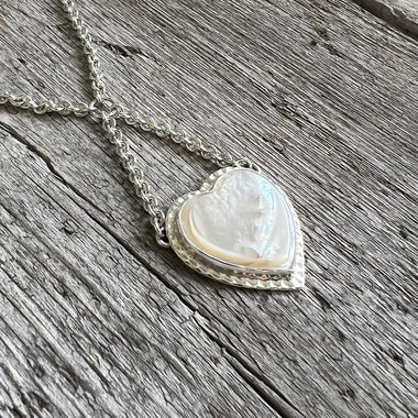 Mother of Pearl Heart Pendant Argentium Silver Necklace copyright chisholm trail designs 2025