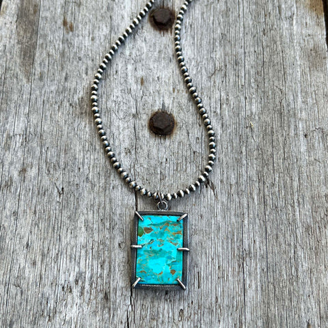 Kingman Turquoise Rectangular Slab Pendant on Sterling Navajo Pearl Necklace
