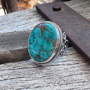 Royston Turquoise Ring Set in Sterling Silver with Flower Accents copyright chisholm trail designs 2025