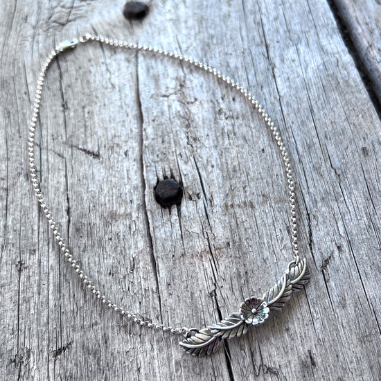 Sterling Silver Flower and Feather Necklace copyright chisholm trail designs 2025