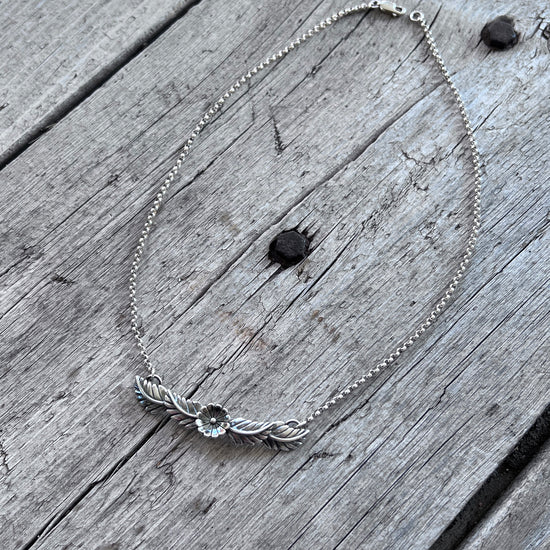 Sterling Silver Flower and Feather Necklace copyright chisholm trail designs 2025