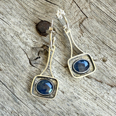 Sterling Silver Dangle Earrings with AAA Natural Rose Cut Faceted Blue Sapphires