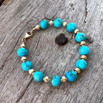 Kingman Turquoise Round Bead Bracelet with 14k Gold Beads