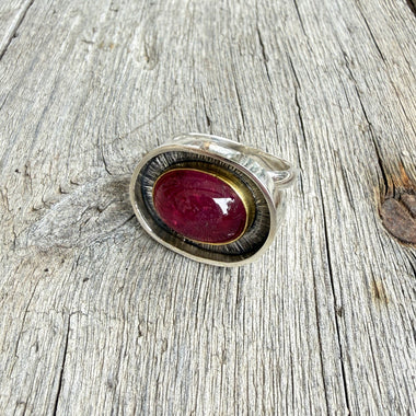 Sterling Silver Ring with Oval Rubellite Tourmaline Set in 22k Gold
