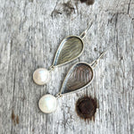 Sterling Silver Hinged Earrings with 12mm White Pearl and Feather Texture