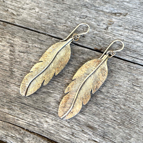 Argentium Silver 3" Feather Dangle Earrings with 18k Gold Accents