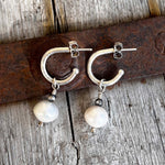 Argentium Silver Hoops with Freshwater White Pearl Dangle with Navajo Pearls