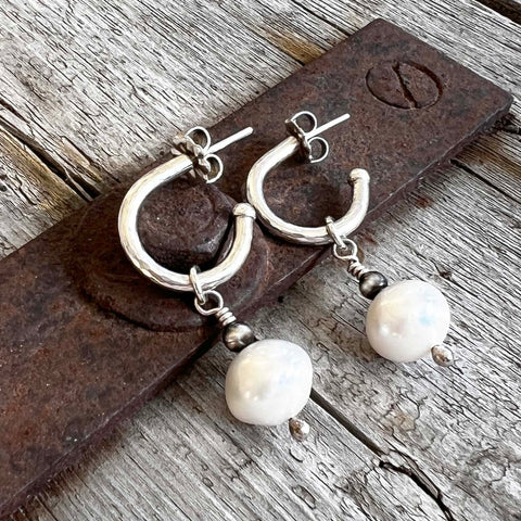 Argentium Silver Hoops with Freshwater White Pearl Dangle with Navajo Pearls