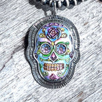La Catrina Sugar Skull Hand Painted Skeletal Skull Set in Sterling Silver Pendant copyright chisholm trail designs 2025