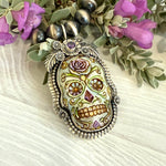 La Catrina Sugar Skull Hand Painted Skeletal Skull Set in Sterling Silver Pendant copyright chisholm trail designs 2025
