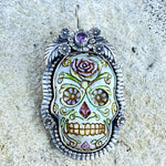 La Catrina Sugar Skull  Pendant Set In Sterling Silver with Purple Faceted Stone copyright chisholm trail designs 2025