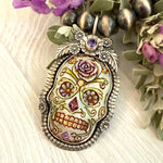La Catrina Sugar Skull  Pendant Set In Sterling Silver with Purple Faceted Stone copyright chisholm trail designs 2025