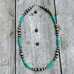 30" Kingman Turquoise Rondelle Beads and Sterling Navajo Pearls Necklace