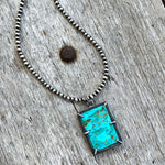 Kingman Turquoise Rectangular Slab Pendant on Sterling Navajo Pearl Necklace