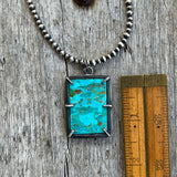 Kingman Turquoise Rectangular Slab Pendant on Sterling Navajo Pearl Necklace