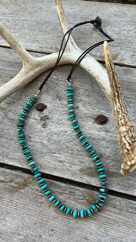 30" Turquoise Rondelle Beads and Sterling Corrugated Navajo Pearls on Leather Necklace
