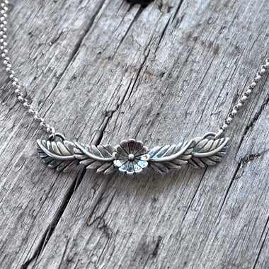 Sterling Silver Flower and Feather Necklace