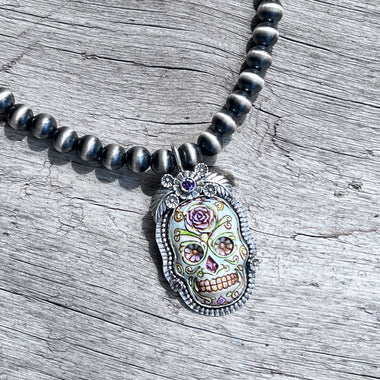 Sugar Skull Sterling Silver Handpainted Pendant Jewelry