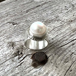 Argentium Silver White Freshwater Pearl Cabochon Ring Size 8
