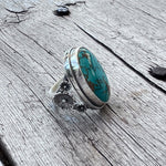 Royston Turquoise Ring Set in Sterling Silver with Flower Accents copyright chisholm trail designs 2025