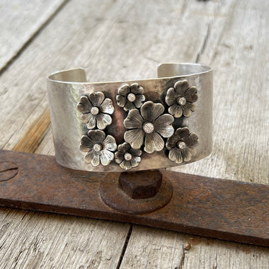 Sterling Silver Five Petal Flower Garden Cuff Bracelet copyright chisholm trail designs 2025