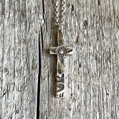 Tooled Leather Texture Sterling Silver Cross Necklace copyright chisholm trail designs 2025