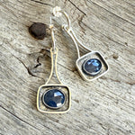 Sterling Silver Dangle Earrings with AAA Natural  Rose Cut Faceted Blue Sapphires