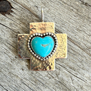 Sterling silver Cross with Kingman Turquoise Heart Pendant