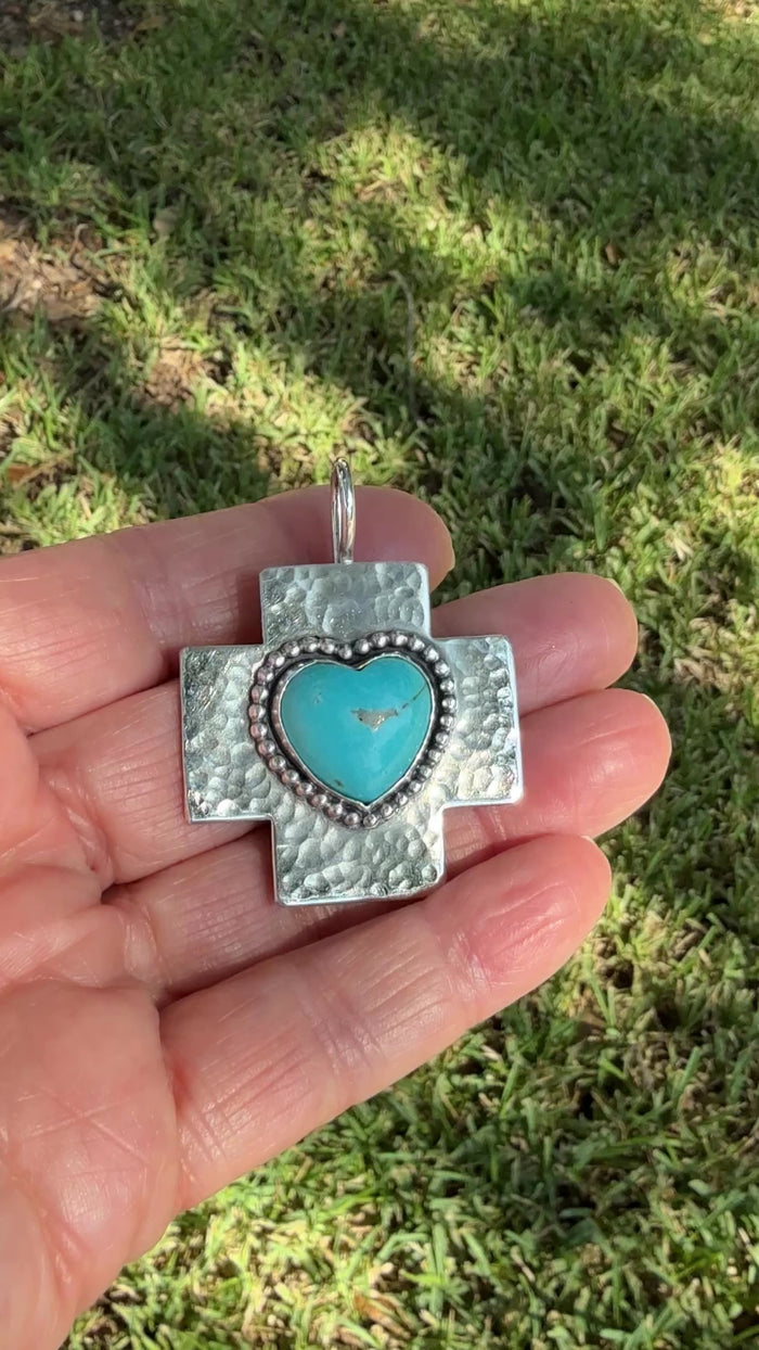 Sterling silver Cross with Kingman Turquoise Heart Pendant