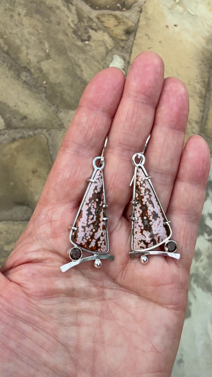 Ocean Jasper Druzy Dangle Earrings with Faceted Smokey Quartz Accent
