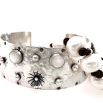 Sterling Cuff Bracelet with Freshwater Pearl Cabochons and Sterling Flowers
