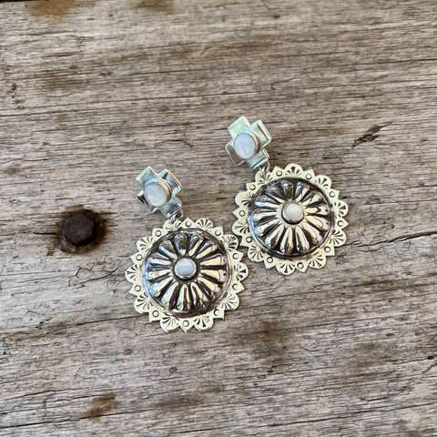 Sterling Silver Concho Earrings with Bezel Set Mother of Pearl