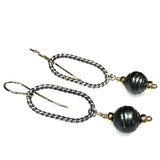 Argentium Oval Twist Dangle Earrings with 10mm Tahitian Pearl and 14 G/F Rondelles