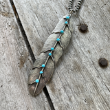Sterling Silver 6" Feather Pendant with Kingman Turquoise Cabochons