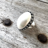 Mother of Pearl Sterling Silver Statement Ring with Flower Band Bezel