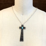 Chisholm Trail Designs Caviar Sterling Silver Cross Pendant Oval Kingman Turquoise Cabochon